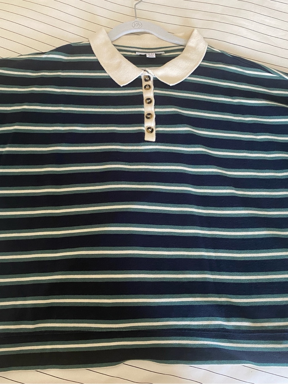 Topshop Baggy Navy and Green Striped Polo with Beige Collar